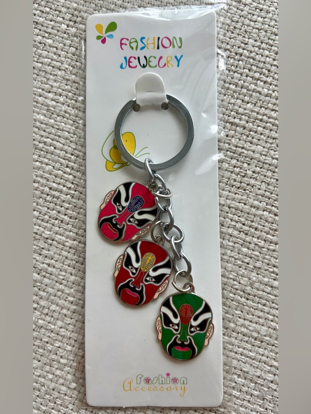 Traditional Peking Opera Mask Keychain - Pink, Red, Green